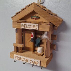 Little Log Fishing Camp Hook Hamging Nebraska Crafted‎ Wood Welcome Fly Lantern